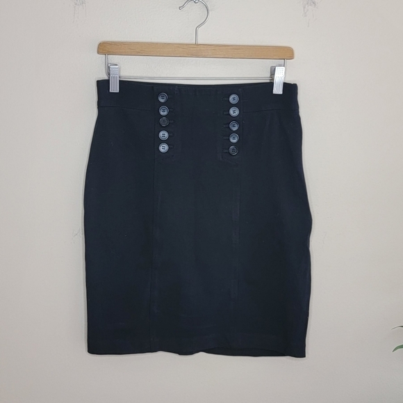 Ann Taylor | Black Stretchy Pencil Skirt with Sailor Button Detail - Picture 1 of 4
